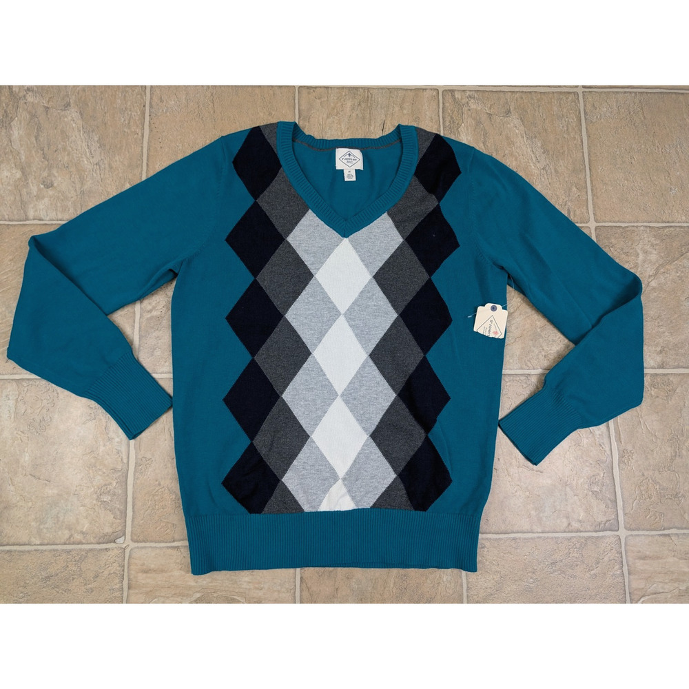 New St John's Bay sz 1X knit Sweater v-neck argyle print long sleeves 1003